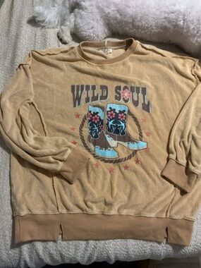 easel "Wild Soul" Graphic Terry Sweatshirt in Tan and Turquoise size L